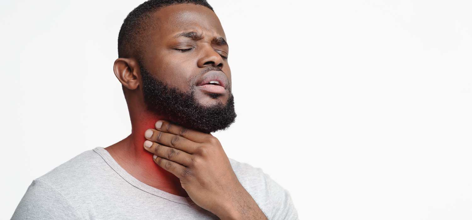 A male holding his throat with radiating pain that appears as glowing red.