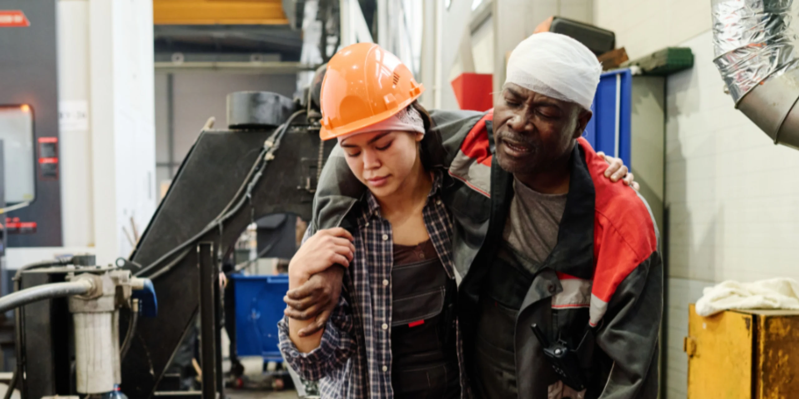 Injured worker returning to work with head injury and pain being helped by coworker in industrial workplace setting